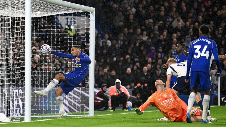 Chelsea goalkeeper Mike Penders scores an own goal to give Spurs the lead at Stamford Bridge