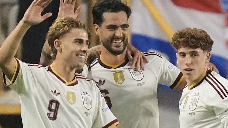 Spain's Mikel Merino, center, celebrates scoring his side's 2nd goal during a Nations League soccer match between Croatia and Spain in Split