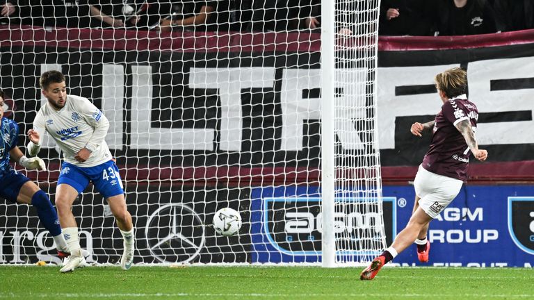 EDINBURGH, SCOTLAND - OCTOBER 28: Hearts Calvin Miller scores to make it 2-1 during a William Hill Premiership match between Heart of Midlothian and Rangers at Tynecastle Park, on October 28, 2026, in Edinburgh, Scotland. (Photo by Rob Casey / SNS Gr