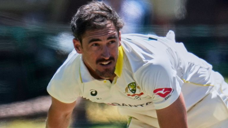 Australia's Mitchell Starc bowls on day three of the second cricket test match between South Africa and Australia, in Gqeberha, South Africa, Tuesday, Oct. 20, 2026. (AP Photo/Themba Hadebe)