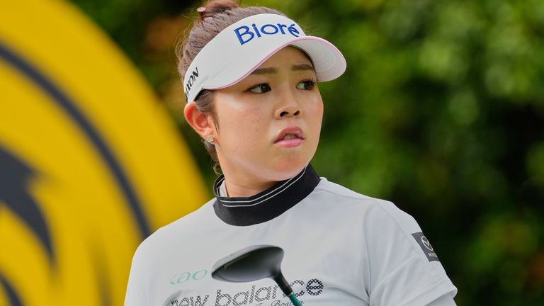 Miyu Yamashita of Japan reacts after teeing off on the third hole at the Maybank Championship (AP Photo/Vincent Thian)