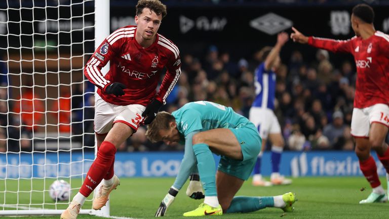 Neco Williams celebrates giving Nottingham Forest the lead early in the first half at Ipswich