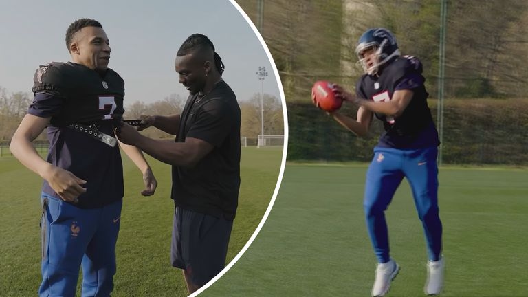 Kylian Mbappe joins Atlanta Falcons running back Bijan Robinson to try on NFL gear and take part in a series of drills, with the football superstar left stunned by just how tight the kit was. Watch the full video on the NFL website.
