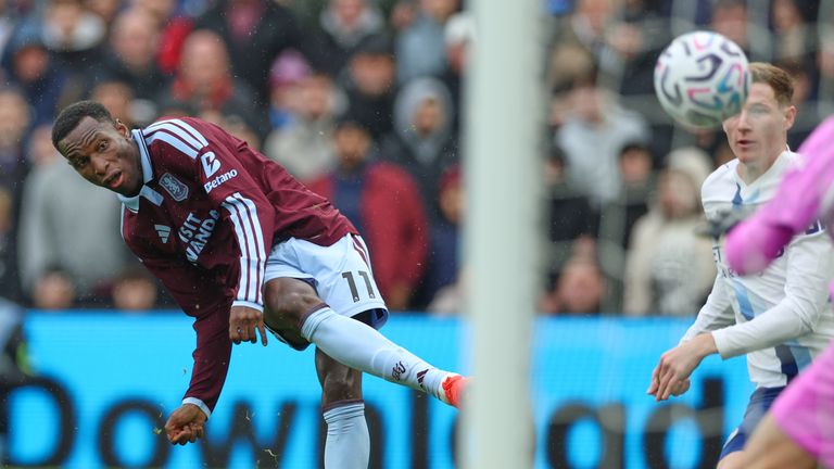 Aston Villa's Nicolas Jackson scores his side's opening goal at Villa Park (AP Photo/Morgan Harlow)
