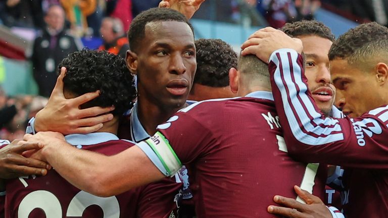 Aston Villa's Nicolas Jackson celebrates with team-mates after scoring his side's opening goal (AP Photo/Morgan Harlow)