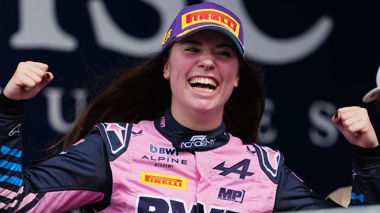 Nina Gademan celebrates victory in F1 Academy Austin feature race