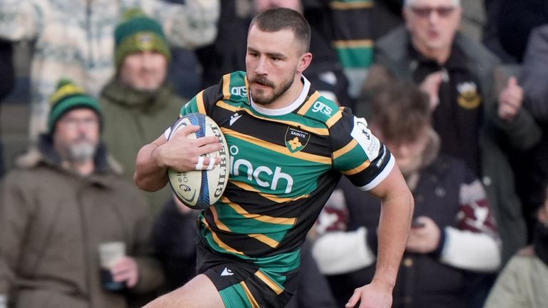Northampton Saints' Ollie Sleightholme crosses the line to score his side's first try during the Investec Champions Cup match at cinch Stadi
