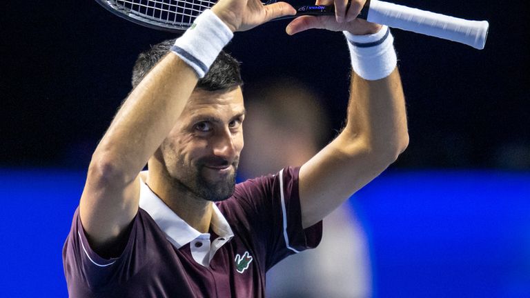 Serbia's Novak Djokovic gestures to the crowd after his match against France's Ugo Humbert at the Swiss Indoors tennis tournament in Basel, 