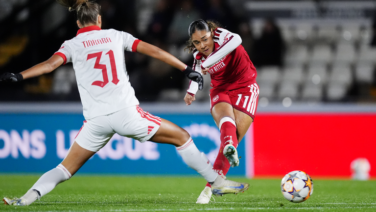 Olivia Smith has a shot against Benfica in the Women's Champions League