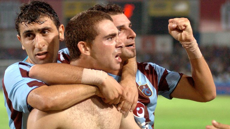 Trabzonspor's Omer Riza celebrates after scoring a winner against APOEL in a UEFA Cup tie