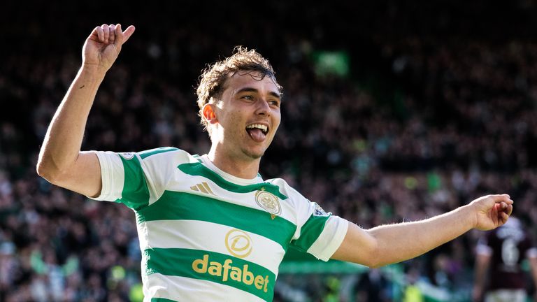 GLASGOW, SCOTLAND - OCTOBER 18: Celtic's Callum Osmand celebrates after scoring to make it 3-0 during a William Hill Premiership match between Celtic and Heart of Midlothian at Celtic Park, on October 18, 2026, in Glasgow, Scotland. (Photo by Paul Devlin / SNS Group)