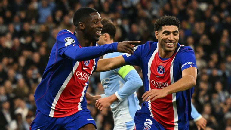 PSG's Ousmane Dembele celebrates making it 2-0 with Achraf Hakimi