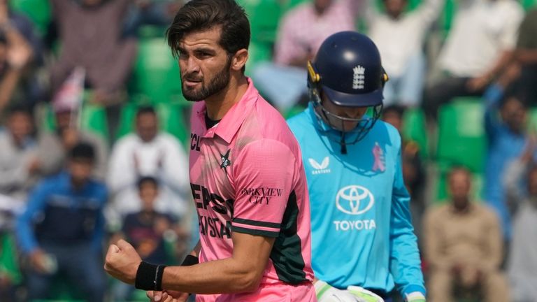 Pakistan's Shaheen Shah Afridi celebrates the dismissal of England's Tom Banton