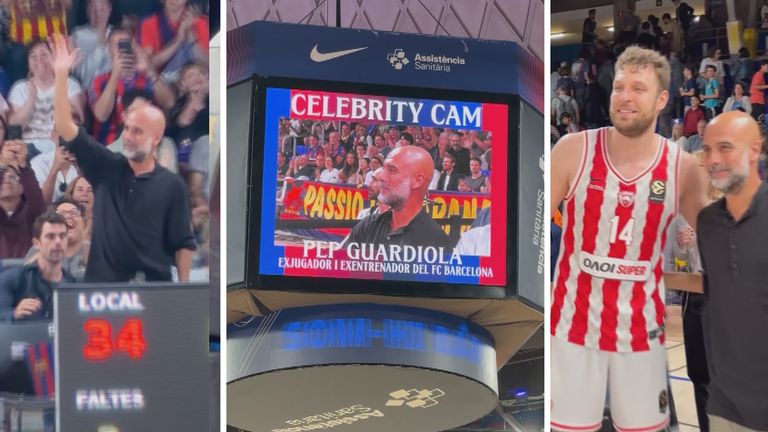 Pep Guardiola was spotted on the celeb cam as he appeared courtside to watch Barcelona's match against Olympiacos in basketball EuroLeague.