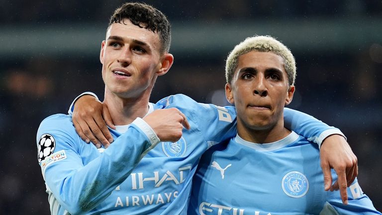 Manchester City's Phil Foden (left) celebrates scoring their side's second goal with Rico Lewis during the UEFA Champions League match at the Etihad Stadium, Manchester. Picture date: Tuesday October 20, 2026.