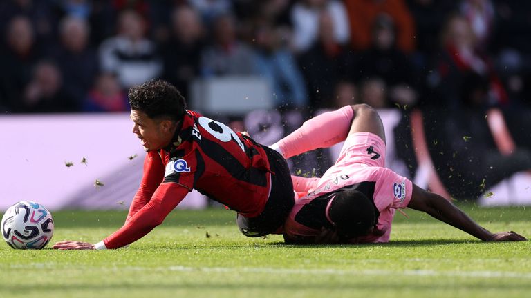 Evanilson is fouled by Kevin Danso, a challenge which earned the Sunderland defender a red card