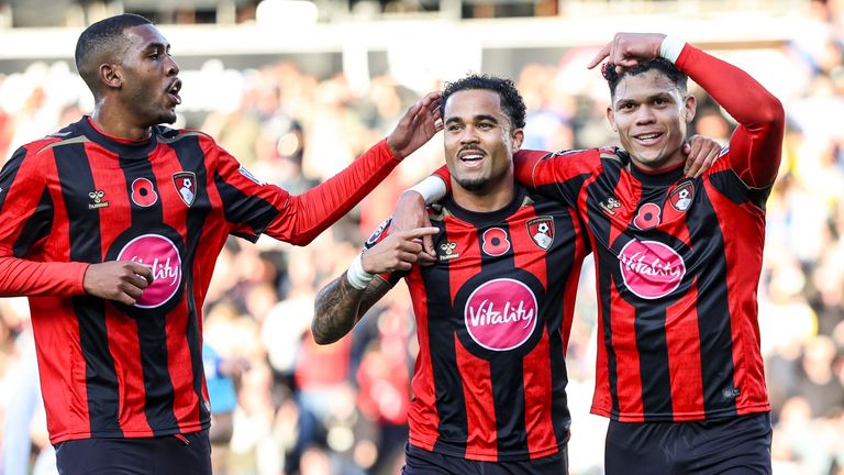 Evanilson celebrates with team-mates Justin Kluivert and Rayan after putting Bournemouth in front against Leeds