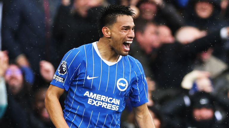Diego Gomez celebrates after scoring a spectacular goal from the halfway line against Crystal Palace