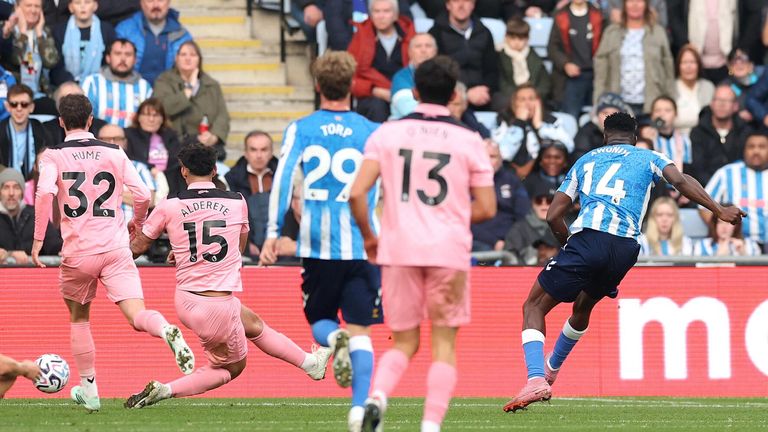 Taiwo Awoniyi scores Coventry's second goal against Sunderland
