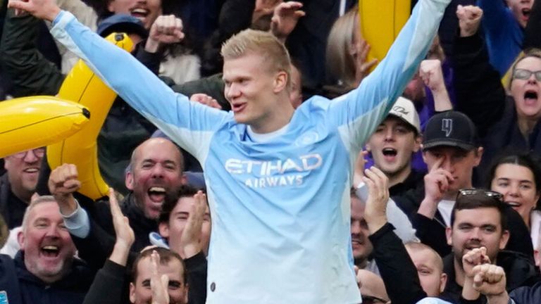 Erling Haaland celebrates after restoring Man City's lead against Ipswich