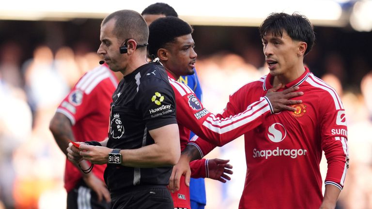 Lisandro Martinez was sent off by referee Peter Bankes