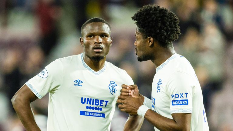 EDINBURGH, SCOTLAND - OCTOBER 28: Rangers' Olwethu Makhanya (L) and Tochi Chukwuani at full time during a William Hill Premiership match between Heart of Midlothian and Rangers at Tynecastle Park, on October 28, 2026, in Edinburgh, Scotland. (Photo by Craig Foy / SNS Group)