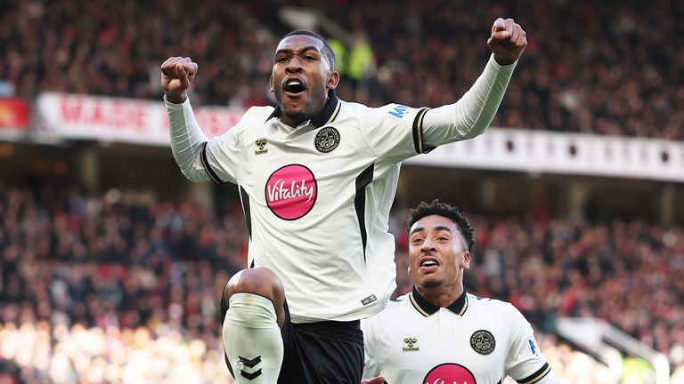 Rayan celebrates after giving Bournemouth the lead at Old Trafford