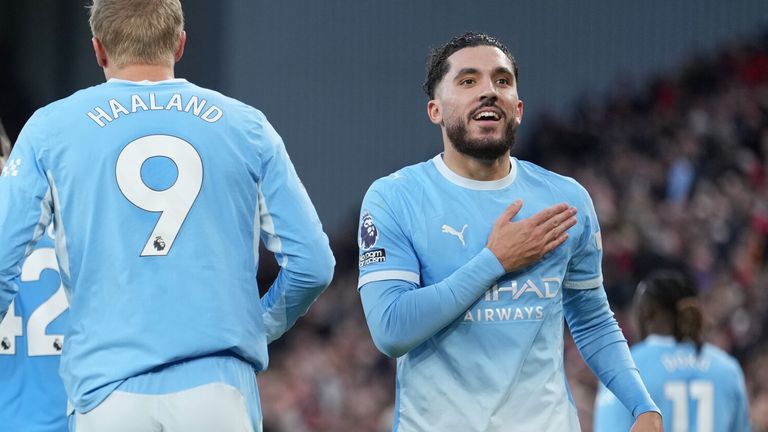 Manchester City's Rayan Cherki celebrates after scoring his side's third goal (AP Photo/Jon Super)