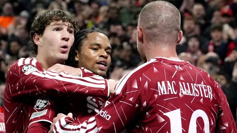 Rio Ngumoha and Alexis Mac Allister celebrate with Lewis Koumas after Liverpool went 3-2 up against Villarreal