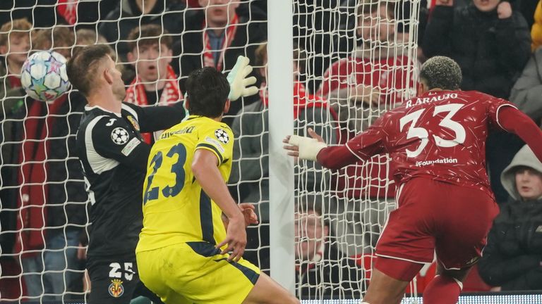 Liverpool's Ronald Araujo scores a first-half equaliser against Villarreal
