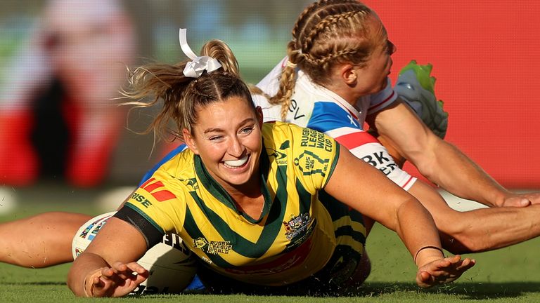 Australia stand-off Jocelyn Kelleher scores a try against England