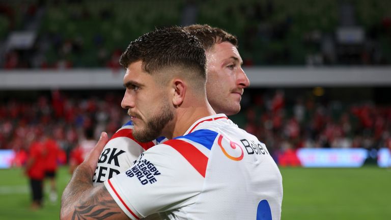 Picture by Peter Keleman/SWpix.com - 17/10/2026 - Rugby League - Rugby League World Cup 2026 - England v Tonga - HBF Park, Perth, Australia - England's Max King and Brad O'Neill dejected after their side's loss to Tonga.