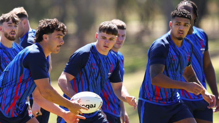 Picture by Peter Keleman/SWpix.com - 12/10/2026 - Rugby League - Rugby League World Cup 2026 - England Men's Training - WAIS Sports Complex, Perth, Australia - Herbie Farnworth with Jack Welsby and Kai Pearce-Paul.