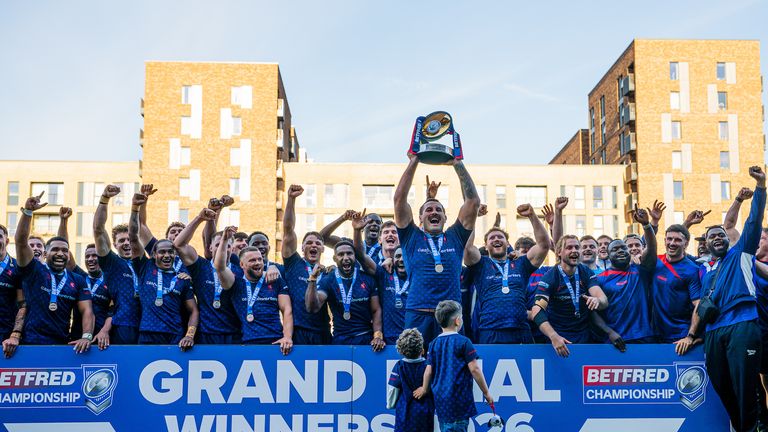 Picture by Olly Hassell/SWpix.com - 04/10/2026 - Rugby League - Betfred Championship Grand Final - London Broncos v Doncaster RLFC - Cherry Red Records Stadium, Kingston, England - London Broncos lift the Betfred Championship Grand Final Trophy