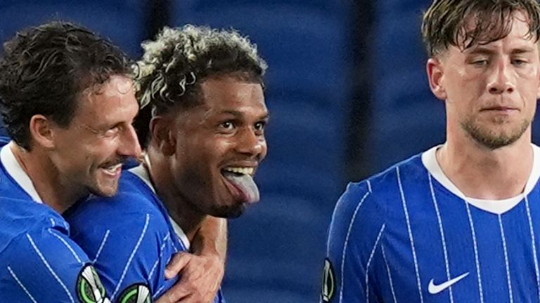 Brighton and Hove Albion's Georginio Rutter (centre) celebrates with his team-mates after opening the scoring