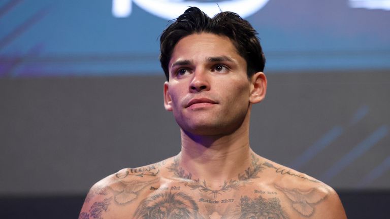 Ryan Garcia poses for a photo during a weigh in for his WBC welterweight championship bout against Conor Benn , Friday, Sept. 11, 2026, in L