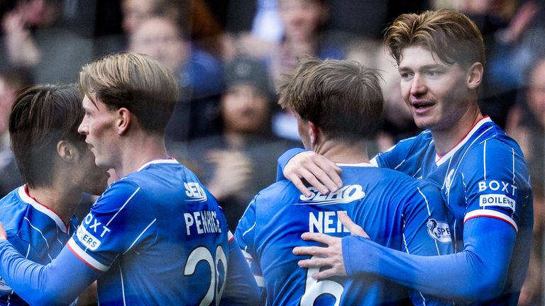 Rangers' Ryan Naderi (R) celebrates with Dan Neil (L) after scoring to make it 1-0
