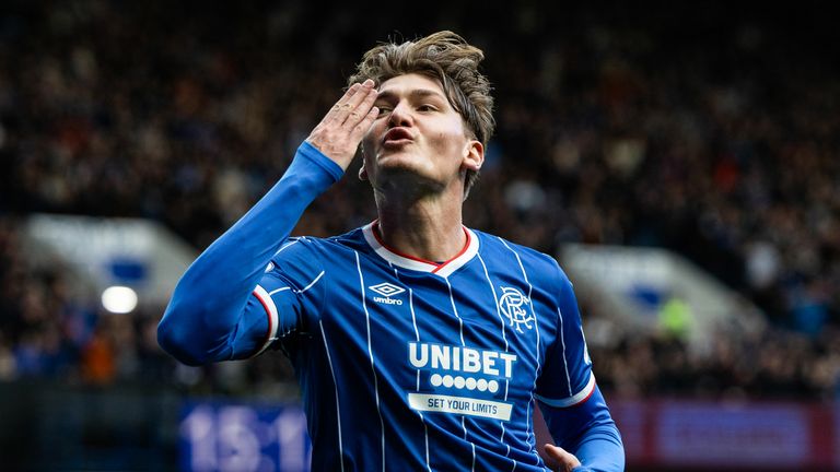 Rangers' Ryan Naderi celebrates after scoring to make it 1-0
