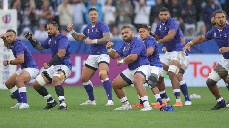 Samoa's players perform the Siva Tau at the 2023 Rugby World Cup in France