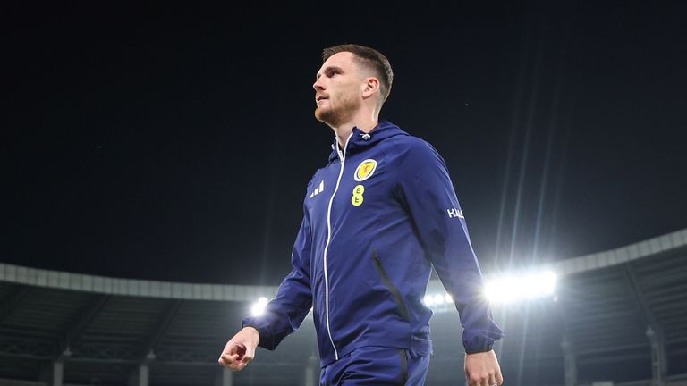 SKOPJE, NORTH MACEDONIA - OCTOBER 03: Scotland's Andy Robertson arrives during a UEFA Nations League match between North Macedonia and Scotland at the National Arena Todor Proeski, on October 03, in Skopje, North Macedonia (Photo by Craig Williamson / SNS Group)