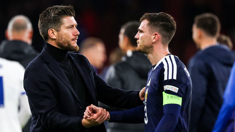 GLASGOW, SCOTLAND - OCTOBER 06: Scotland Head Coach Sebastien Pocognoli and Andy Robertson during a UEFA Nations League match between Scotland and Slovenia at Barclays Hampden, on October 06, 2026, in Glasgow, Scotland. (Photo by Craig Williamson / SNS Group)