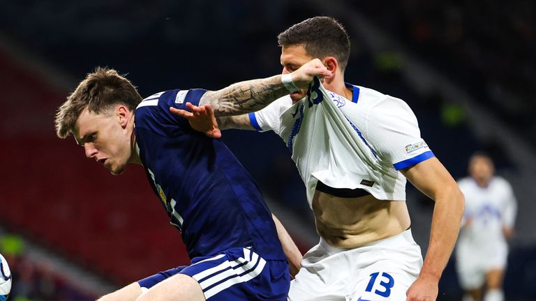GLASGOW, SCOTLAND - OCTOBER 06: Scotland's Ben Gannon-Doak and Slovenia's Erik Janza in action during a UEFA Nations League match between Scotland and Slovenia at Barclays Hampden, on October 06, 2026, in Glasgow, Scotland. (Photo by Craig Williamson / SNS Group)