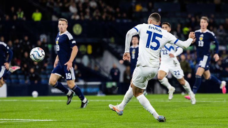 GLASGOW, SCOTLAND - OCTOBER 06: Slovenia's Danijel Sturm misses a chance during a UEFA Nations League match between Scotland and Slovenia at Barclays Hampden, on October 06, 2026, in Glasgow, Scotland. (Photo by Ross Parker / SNS Group)