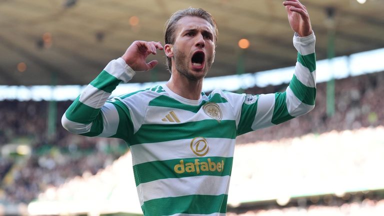 Benjamin Nygren celebrates after doubling Celtic's lead against Hearts