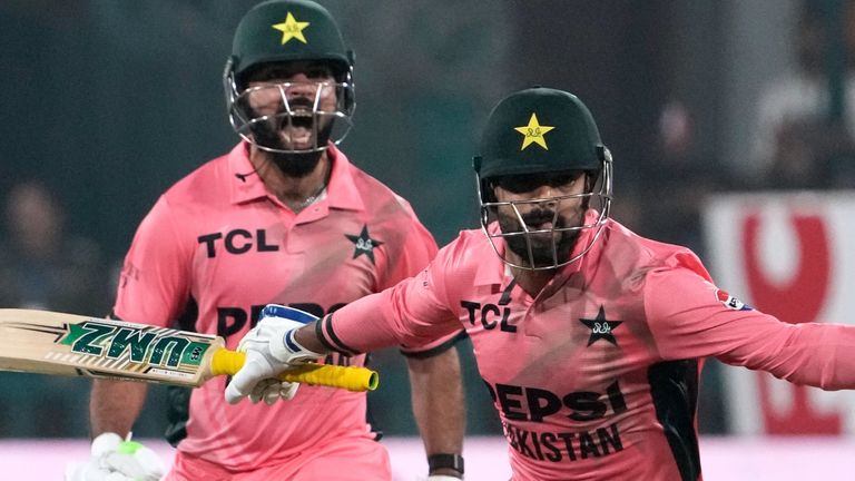 Pakistan's Shadab Khan and Haris Rauf celebrate after winning Sunday's ODI against England, in Lahore