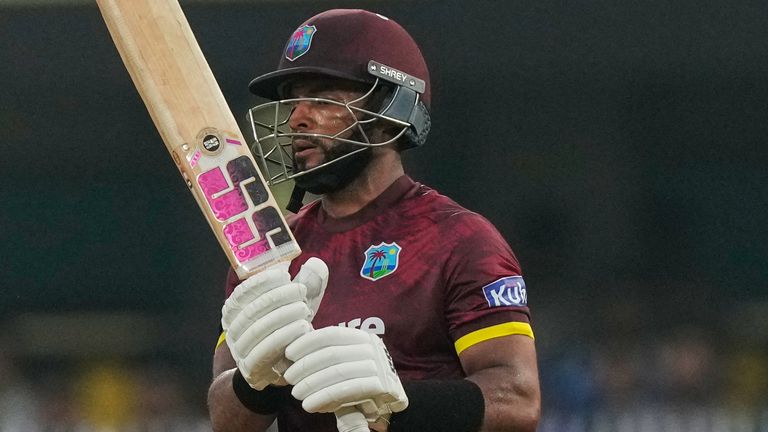 West Indies' captain Shai Hope in T20 cricket action (Associated Press)