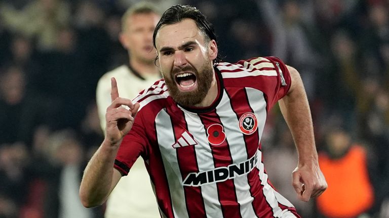 Sheffield United's Ben Brereton Diaz celebrates after scoring against Wrexham