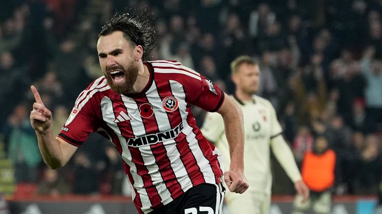 Ben Brereton-Diaz celebrates after opening the scoring for Sheffield United against Wrexham