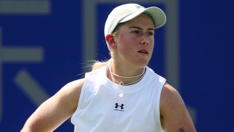 Sonay Kartal of Great Britain returns a shot in the Women's Singles Round of 64 match against Anhelina Kalinina of Ukraine on day 1 of Wuhan