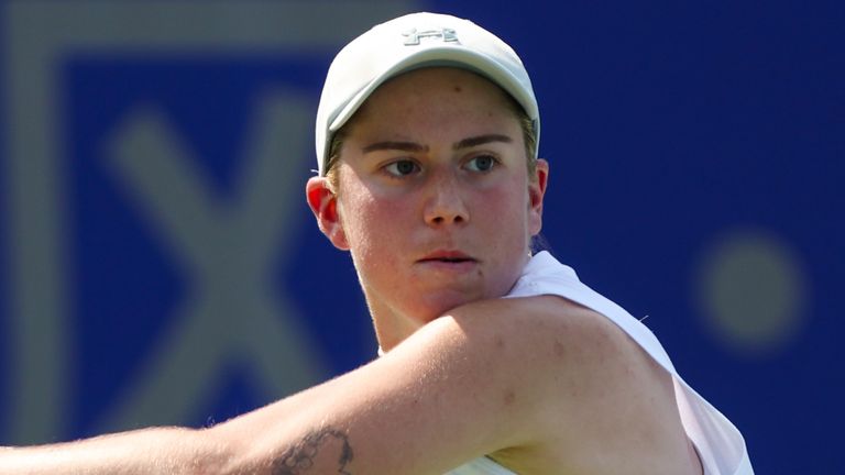 Sonay Kartal of Great Britain returns a shot in the Women's Singles Round of 64 match against Anhelina Kalinina of Ukraine on day 1 of Wuhan